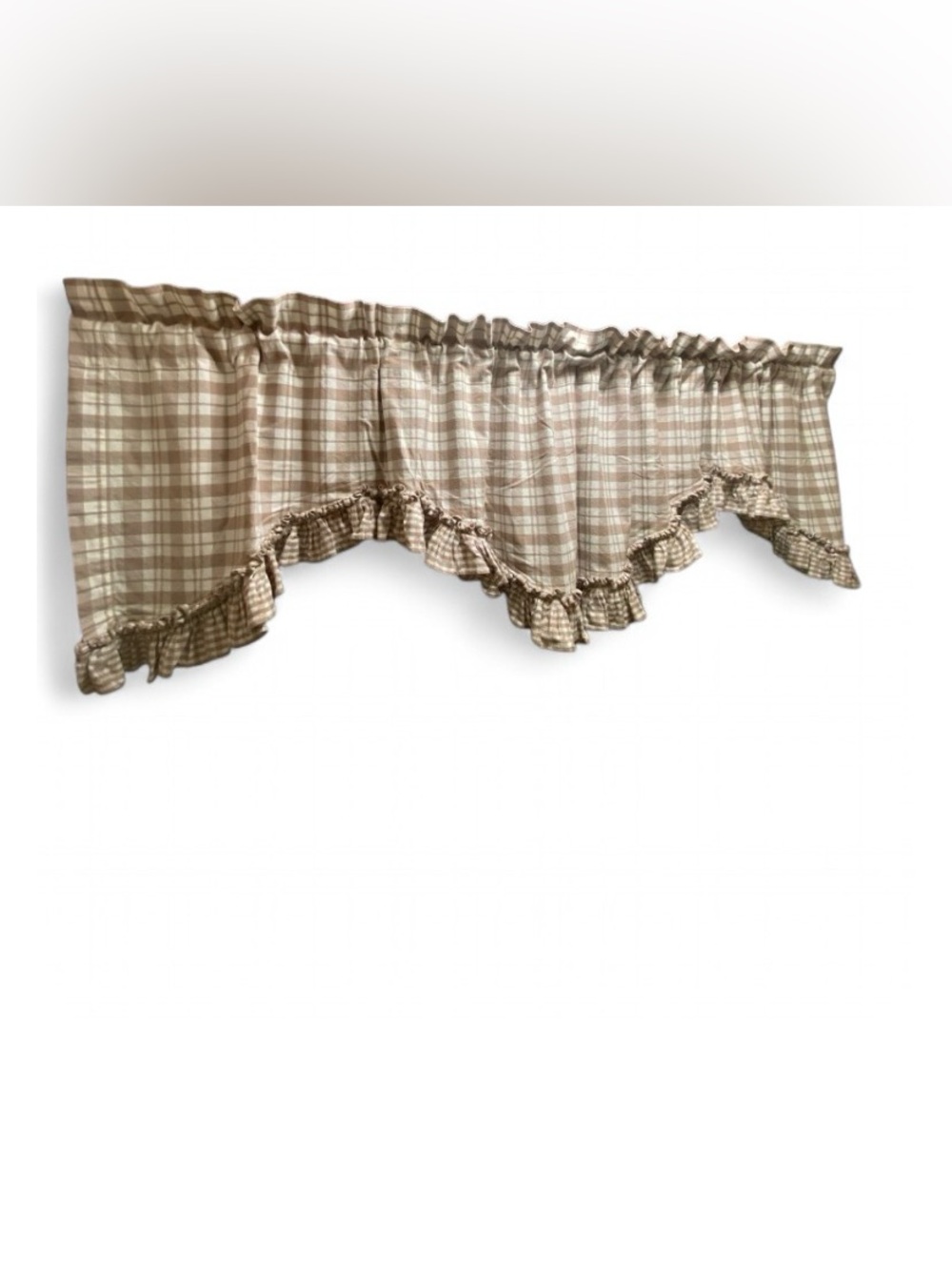 JCPenney Home Tan White Plaid Valance Gingham Ruffle 23x83 Cotton